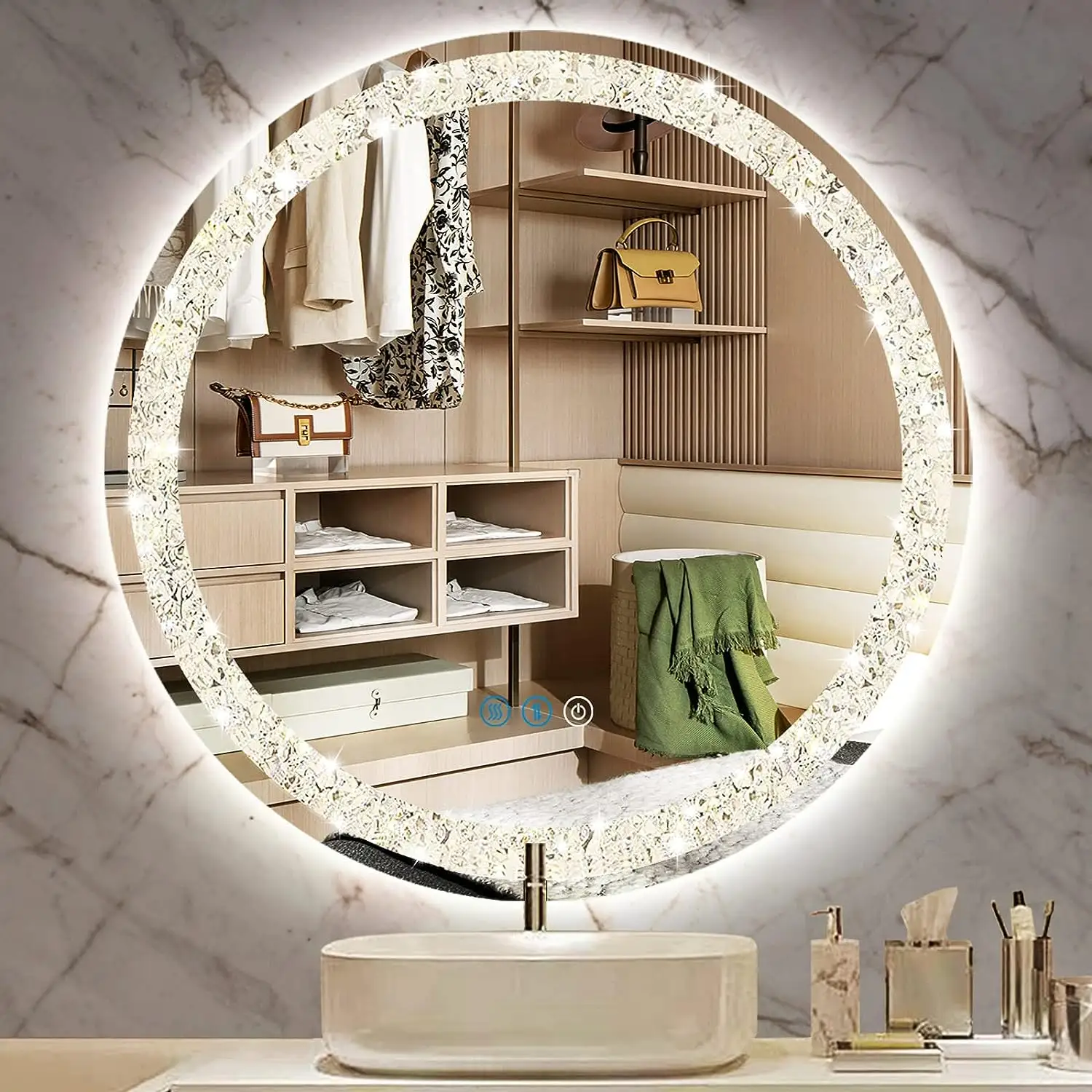 ホテルクリスタルミラー室内装飾クリスタル化粧鏡壁装飾LEDミラーバスルーム