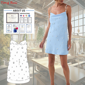 Mini <span class=keywords><strong>Abito</strong></span> in Tessuto Intrecciato con Contrasto in Pizzo <span class=keywords><strong>Azzurro</strong></span>, Vita Naturale, per Vacanze al Mare, Moda Femminile Elegante - Product Image 1