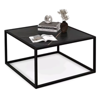 Table basse contemporaine pour salon avec cadre carré en métal noir et plateau en marbre effet charbon, base cube ouverte