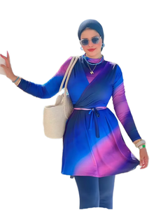 Burkini musulman imprimé dégradé, <span class=keywords><strong>maillot</strong></span> <span class=keywords><strong>de</strong></span> <span class=keywords><strong>bain</strong></span> islamique modeste à manches longues, 3 pièces, couvrant entièrement le corps, séchage rapide, tenue <span class=keywords><strong>de</strong></span> plage avec hijab - Product Image 1