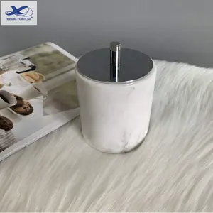 Creative Polishing Round Natural Marble Stone Nordic Style Bathroom Accessories Cotton Swab Holder With Metal Lid