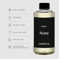 Huile parfumée Riviera Electric French 500ml, collection hôtelière, pivoine blanche, daim, jasmin, musc, utilisation sur table