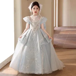Girls Clothing Beaded Puff Sleeve Luxury Flower Girl Dress Wedding Fluffy Fashion Trailing Princess Dress
