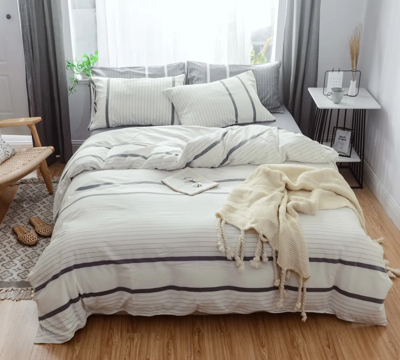 Lüks 100% organik yıkanmış pamuk yatak seti yorgan yorgan yatak örtüsü seti iplik boya pamuk şerit kontrol levha seti yastık kılıfı