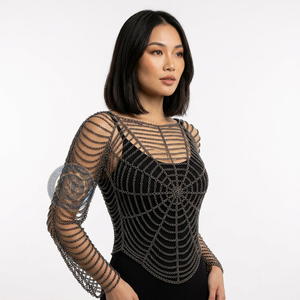 Haut en maille de chaîne effet toile d'araignée avec manches |   Armure de cosplay de fantasy médiévale |   Robe en maille de chaîne |   Robe de soirée pour filles, bar, discothèque, club - Product Image 3