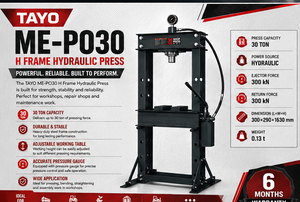 Presse hydraulique robuste à cadre en H Tayo ME-PO30 pour applications industrielles et d'atelier, avec pompe à engrenages à roulement central - Product Image 1