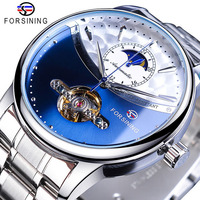 Montre mécanique de luxe pour homme Forsining 8179, cadran doré, acier inoxydable, phase de lune, tourbillon doré, automatique, décontractée