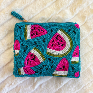 Bolso Rectangular con Cremallera, Bordado a Mano con Cuentas, Tema de Flor de Sandía, Color Turquesa y Rosa, para Fiestas - Product Image 1