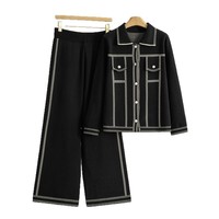 Ensemble deux pièces pour femmes, élégant, tricoté, anti-rides, en nylon/coton, à manches longues, à carreaux, pantalon ample, style européen américain