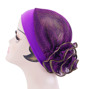 Mode noir grande fleur <span class=keywords><strong>Snood</strong></span> adulte musulman chimio casquette cheveux tête Wrap Turban pour les femmes mariage - Product Image 6