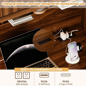 Escritorio Moderno Ecológico y Duradero con Puertos de Carga, Mueble de Oficina con Cajones, Estantería para Libros, Escritorio Ejecutivo para Computadora, MDF para el Hogar - Product Image 5