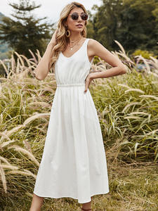 Abbigliamento all'ingrosso in lino di alta qualità senza maniche O collo adatto e <span class=keywords><strong>svasato</strong></span> bianco colore bianco delle donne <span class=keywords><strong>cotone</strong></span> <span class=keywords><strong>abito</strong></span> di lino - Product Image 2