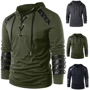 Adult Men Medieval T-shirt Gothic Steampunk Sweatshirt Lace Up Long Sleeve Pullover Hooded Tee Halloween Shirts Tops chemise