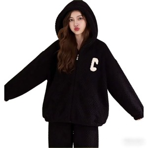 <span class=keywords><strong>Pigiama</strong></span> <span class=keywords><strong>Donna</strong></span> Autunno Inverno in Morbido Pile Waffle di Alta Qualità, Nero <span class=keywords><strong>con</strong></span> Scollo a V, <span class=keywords><strong>Cappuccio</strong></span> Morbido, Zip Frontale, Maniche Lunghe, Vita Elasticizzata - Product Image 6