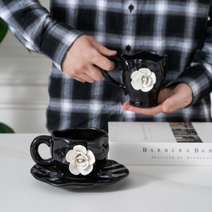 New Product Handmade Flower <b>Ceramic</b> Coffee Mug Black Aesthetic <b>Ceramic</b> <b>Cup</b> with Saucer - Product Image 5