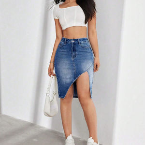 Falda <span class=keywords><strong>Midi</strong></span> vaquera ajustada asimétrica de cintura alta personalizada para mujer, dobladillo con borde de corte rasgado con bolsillos y botones, informal, otoño - Product Image 5