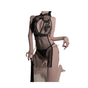 Conjunto de Lencería Qipao Transparente Estilo Chino, Sexy, Negro, Tanga para Mujer, Fibra de Poliéster, Solo Lavado a Mano - Product Image 4