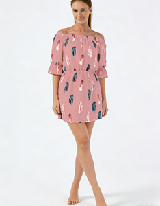 Robe d'été décontractée pour femme, à épaules dénudées, imprimé plumes, longueur genou, manches évasées, taille naturelle - Idéale pour le club et le quotidien - Product Image 1