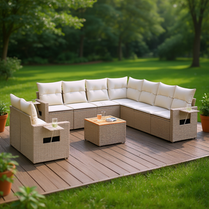 Conjunto de Sofás de Jardín de Mimbre Sintético PE Beige Modular Grande, Muebles de Exterior de Diseño Moderno para 10 Personas - Product Image 2