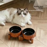 Mangkuk Makanan Keramik Tinggi dengan Alas Kayu Akasia 400ml/850ml Portabel & Tahan Air 2-in-1 Mudah Dibersihkan untuk Kucing & Anjing