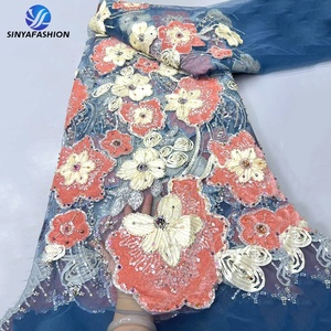 Tela <span class=keywords><strong>de</strong></span> encaje <span class=keywords><strong>de</strong></span> tul con bordado floral 3D Sinya, lentejuelas, cuentas, terciopelo, encaje africano Aso Ebi para vestido <span class=keywords><strong>de</strong></span> noche o boda. - Product Image 4