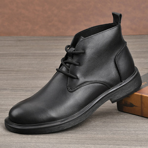 Bottes Martin pour hommes en cuir véritable, bottines à bout rond, à lacets, doublure en fourrure isolante pour l'hiver, semelle en caoutchouc, couleur unie - Product Image 1