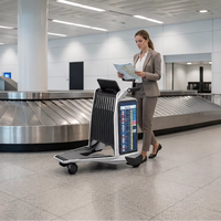 Système de sécurité intelligent avec navigation IA, fonctions publicitaires, chariot à bagages intérieur affichant des animations de texte et des graphiques LCD