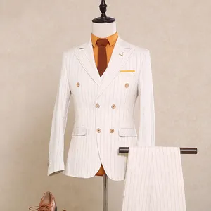 条纹白色男士燕尾服3套套装男士套装双排扣新郎婚纱套装2020