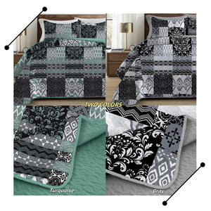 Impreso Patchwork patrón poliéster Material negro <span class=keywords><strong>turquesa</strong></span> Color 3 uds juego de cama <span class=keywords><strong>colcha</strong></span> para tamaño Queen/King - Product Image 3
