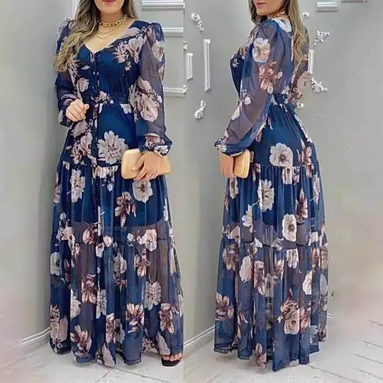 Maxi vestido longo casual feminino, longo decote em v malha com estampa floral chiffon elegante novidade 2022