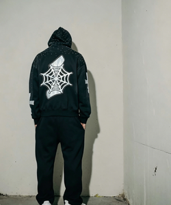 Felpa con Cappuccio e Zip Personalizzata di Alta Qualità in Poliestere/Cotone Terry con Stampa Vintage Y2K a <span class=keywords><strong>Ragnatela</strong></span> con Strass per Uomo Autunno - Product Image 3