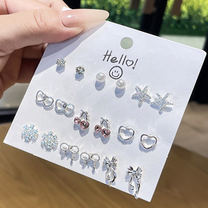 Korean Style 9 Pair <b>Earring</b> Set With Cards Alloy Heart Bow <b>Crystal</b> <b>Studs</b> Fashion Jewelry - Product Image 3