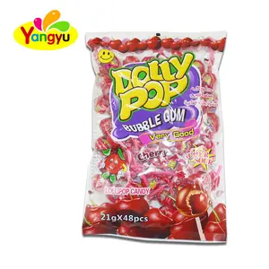 Fruit flavor lollipop with bubble gum and whistling stick