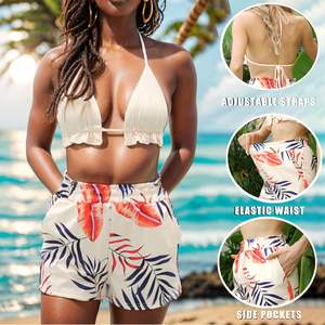 Ensemble de maillot de bain 3 pièces personnalisé pour femme, motif floral hawaïen tropical, avec short et cache-maillot à manches longues, taille élastique, idéal pour l'été - Product Image 4