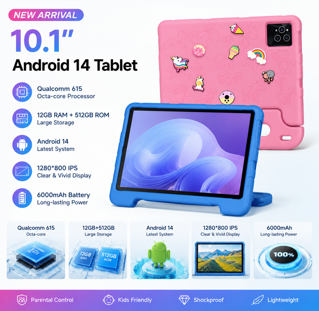 Kids Tablet 10-inch WiFi Qualcomm 615 Octa Core Education Smart Tablet Fall Resistant 512G Android 14 Sim Card Kids Games
