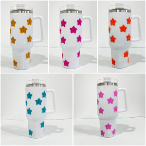 <b>40oz</b> Sparkle Star Bling Full Covered Rhinestone Diamond Mug Cups <b>Tumbler</b> <b>With</b> <b>Handle</b> Lid and Straw - Product Image 3
