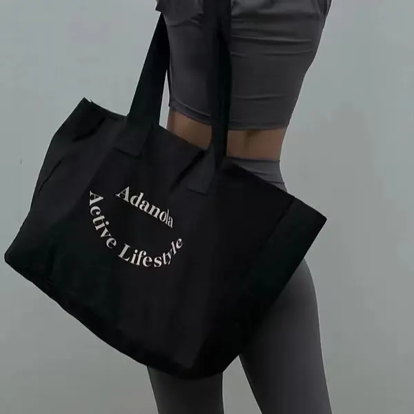 Customized Logo Oversize Large Female Weekend Daily Casual Black Cotton Canvas Shopping Tote Bag
