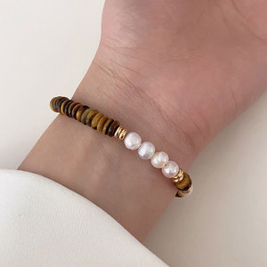 High Quality 316L Stainless Steel 14k 18k Gold Plated Fashion <b>Bracelets</b> & Bangles Tiger Eye And Pearl <b>Beaded</b> <b>Bracelet</b> for Women - Product Image 5