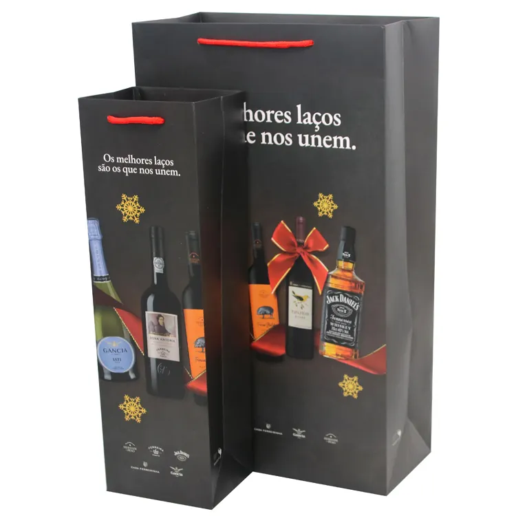 Luxury Christmas Reusable 2 Bottles Red Wine Shopping Portable Carrier Whisky Bottle Tote Gift Craft Paper Bag Custom Logo