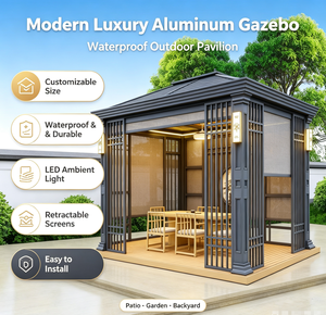 Gazebo Moderno <span class=keywords><strong>de</strong></span> Aluminio <span class=keywords><strong>de</strong></span> Lujo, Impermeable, Resistente a los Rayos UV, con Iluminación LED, Pantallas Retráctiles y Tamaño Personalizable - Product Image 1