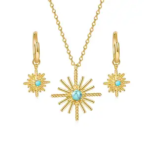 Dubai Sun Pendant Necklace Earrings Set For Women Gold Plated Fashion Customer Fine Natural Stone Titanium Steel Jewelry Set