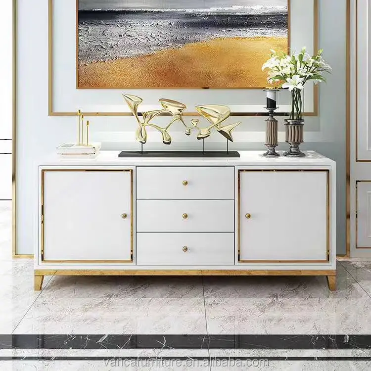 Armoire latérale en bois et métal doré, armoire avec dessus en verre, décoration pour salon à domicile