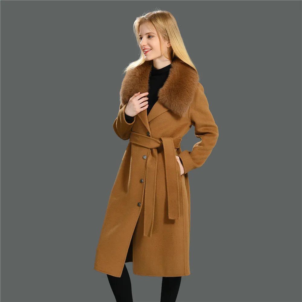 Handmade Camel Sexy Ladies Full Length Jacket Double-Faced 100% Women Real Wool Coat