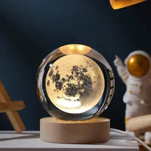3D Galaxy гравированный лазерный хрустальный шар со светодиодным освещением деревянная основа