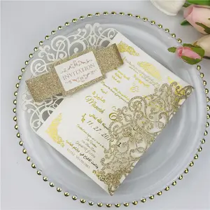 Atacado clássico folio luxo glitter Laser Cut convite cartão de noivado convite do casamento bolso envelopes cinto