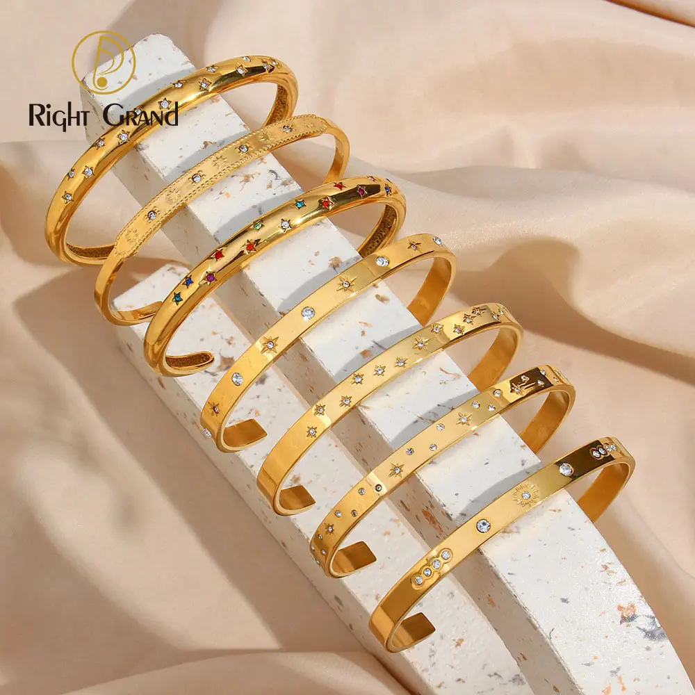 Bijoux de mode manchette ouverte en Cz bracelet en acier inoxydable pierre de Zircon ronde taille libre bracelets plaqués or ensemble de bijoux pour femmes