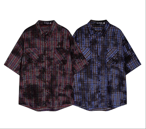 Toptan <span class=keywords><strong>Streetwear</strong></span> erkek gömlek ekose kravat-boya gömlek yüksek kaliteli pamuk kısa kollu pazen t-shirt düğme aşağı - Product Image 3