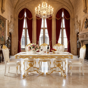 European French Style Carved Solid Wood <b>Dining</b> <b>Table</b> Set Antique Design <b>White</b> Gold Finish 8 Seater <b>Dining</b> <b>Dining</b> Room Furniture - Product Image 1