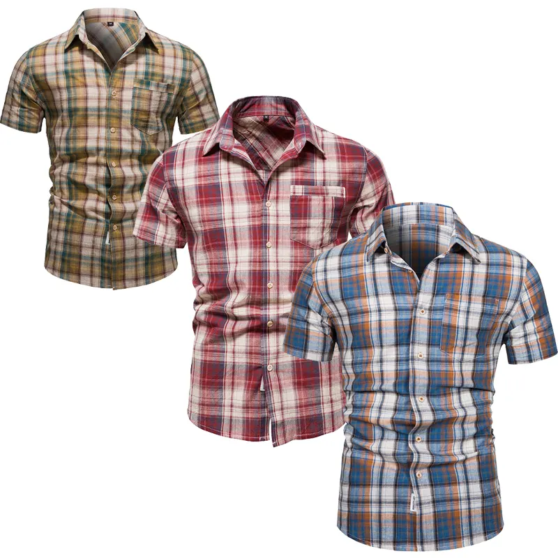 2023 गर्म बिक्री विंटेज लघु आस्तीन प्लेड समुद्र तट टी शर्ट अमेरिका आकार पुरुषों आकस्मिक कपास प्लेड पैटर्न पोलो शर्ट के लिए पुरुषों