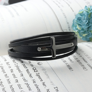 yunnique Cross Shaped Leather Bracelet Black Titanium Steel Unisex Gift Jewelry - Product Image 4